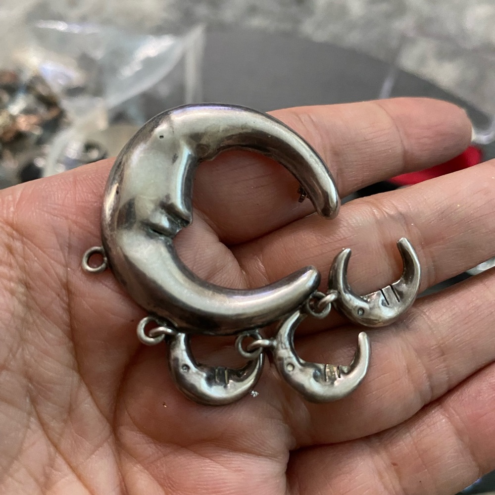 Sterling silver Crescent man in the  Moon Brooch with Dangle Moons missing one
